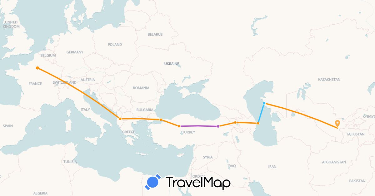 TravelMap itinerary: driving, train, boat, hitchhiking in France, Uzbekistan (Asia, Europe)